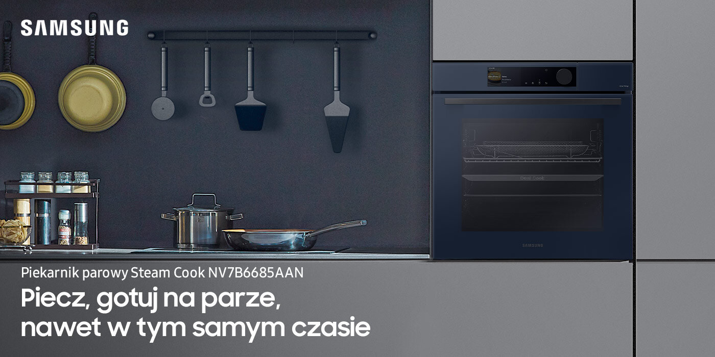 Ilustracja piekarnika parowego Steam Cook NV7B6685AAN z oferty Media Expert, umieszczonego w zabudowie kuchennej utrzymanej w kolorze szarym Ilustracja piekarnika parowego Steam Cook NV7B6685AAN z oferty Media Expert, umieszczonego w zabudowie kuchennej utrzymanej w kolorze szarym