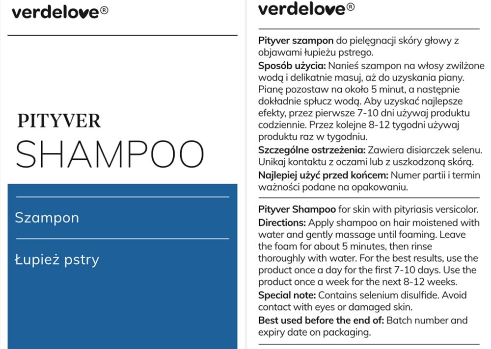 Szampon VERDELOVE Pityver Na łupież pstry 150 ml 1 dziennie przez 7-10 dni, niewielka ilość