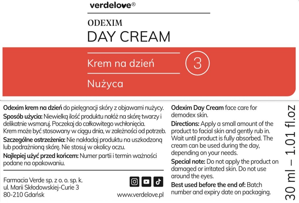 Krem VERDELOVE Odexim na dzień 30 ml stosowanie w ciągu dnia, nie stosować na uszkodzoną skórę