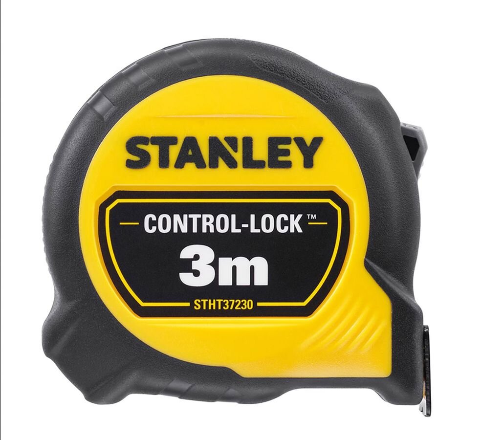 Na obrazie widoczna jest miara zwijana z logo STANLEY, oznaczeniem \'CONTROL-LOCK™\', długością 3m i kodem STHT37230 na żółto-czarnej obudowie.