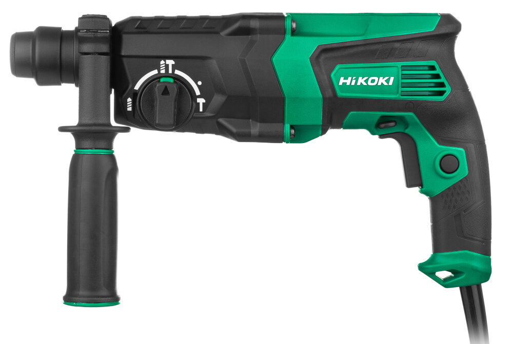 Młotowiertarka HIKOKI DH26PC2 WSZ solidny uchwyt do użytkowania w warunkach domowych w profesjonalnych warsztatach ergonomiczna rekojesc glowna rekojesc boczna antyposlizgowa okladzina wygodne trzymanie wiertarki