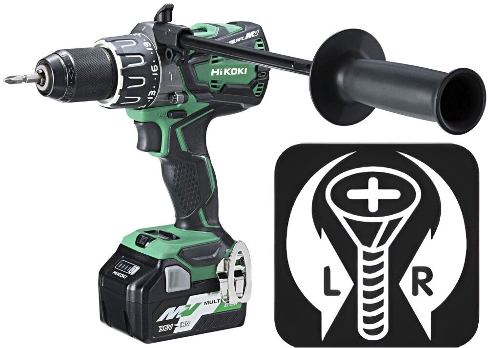 Wiertarko-wkrętarka HIKOKI DV36DA WRZ zmienny kierunek obrotów prawo/lewo do pracy w miękkiej stali drewnie tworzywach sztucznych materiałach aluminiowych w drewnie do 102 mm w stali do 16 mm funkcja udaru częstotliwość na pierwszym biegu od 0 do 7500 ud/min na drugim od 0 do 31500 ud/min w betonie i w cegle do 20 mm