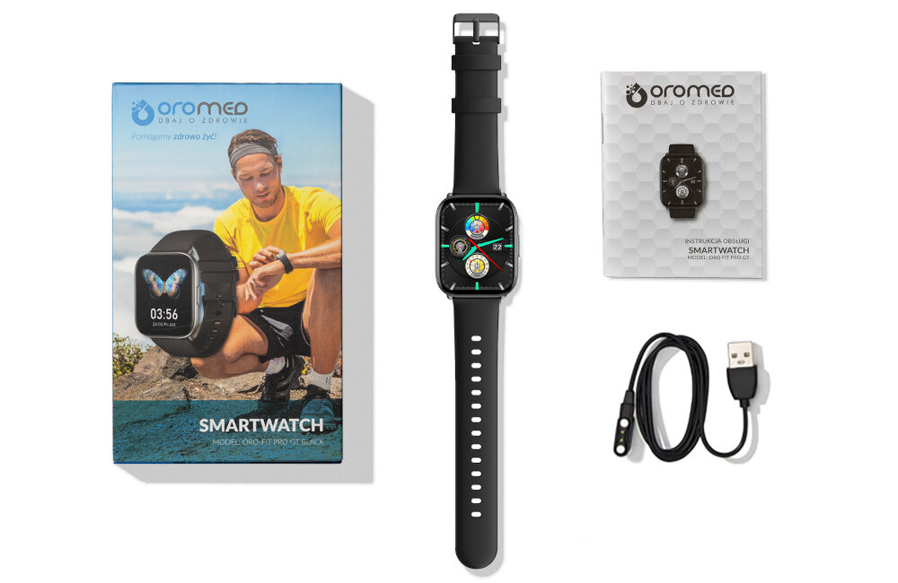 Smartwatch ORO-MED Oro Fit Pro Gt ekran bateria czujniki zdrowie sport pasek ładowanie pojemność rozdzielczość łączność sterowanie krew puls rozmowy smartfon aplikacja