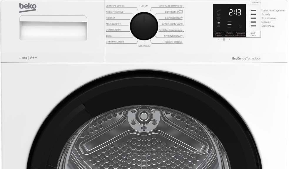 BEKO suszarka funkcje suszenie oświetlenie bęben wskaźnik woda filtr sygnał dźwiękowy zabrudzenie czyszczenie blokada rodzicielska