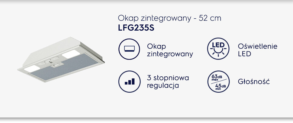 Grafika przedstawia okap zintegrowany o szerokości 52 cm, model LFG235S. Widoczne są ikony informujące o zintegrowanym okapie, oświetleniu LED, 3-stopniowej regulacji oraz głośności 63 dB max i 45 dB min.