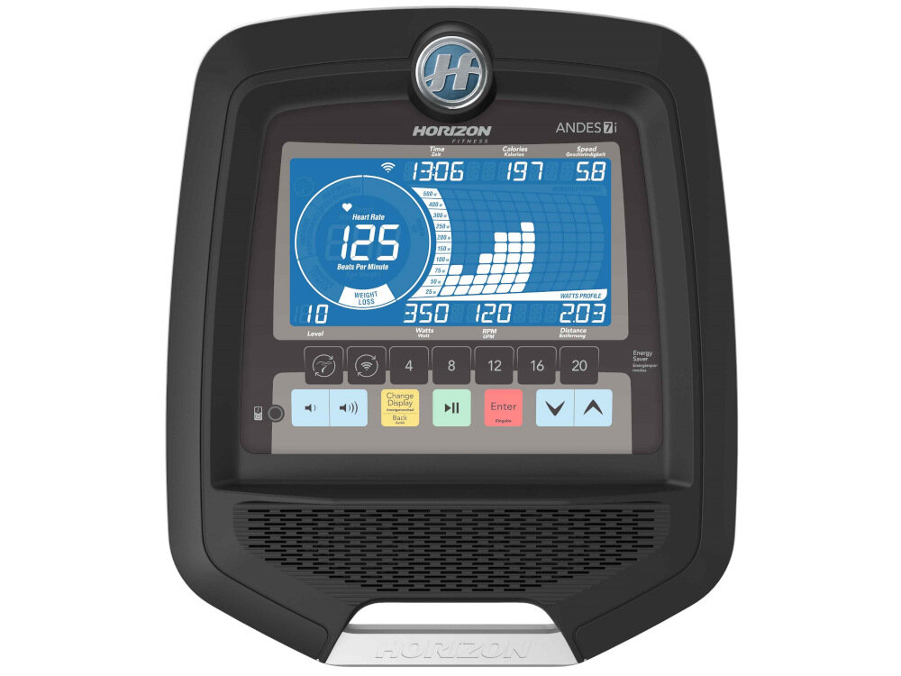 Orbitrek elektromagnetyczny HORIZON FITNESS Andes 7i Viewfit 6,25-calowy podświetlany na niebiesko wyświetlacz LCD zlicza prezentuje najważniejsze parametry treningu czas tętno prędkość odległość częstotliwość pedałowania zużycie energii