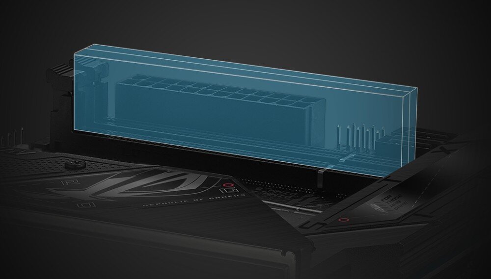 Płyta główna ASUS ROG Strix B650E-I Gaming WiFi Ujęcie części płyty z przezroczystą niebieską ramką podkreślającą obszar gniazd pamięci RAM, pamięć DDR5, profile AMD EXPO