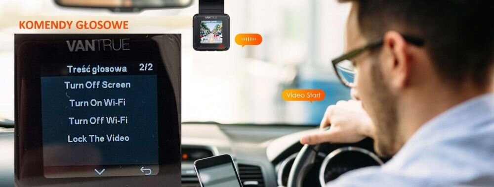 Wideorejestrator VANTRUE E1 Lite  obiektyw rozdzielczość nagrywanie kąt zapis sensor czujnik montaż wymiary ładowanie zasilanie auto samochód rejestrowanie karta pamięć pojemność ładowarka obraz zdjęcia filmy aplikacja sterowanie 