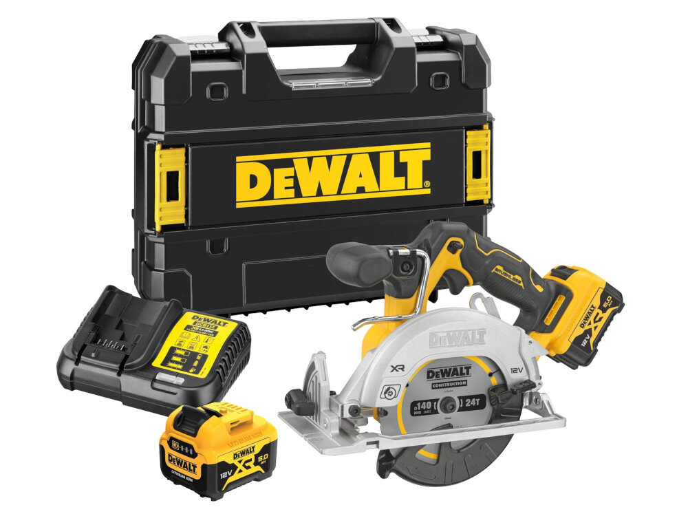Pilarka tarczowa DEWALT DCS512P2 w zestawie 2 akumulatory ładowarka walizka prowadnica przyłącze do odsysania pyłu klucz sześciokątny tarcza instrukcja obsługi w języku polskim karta gwarancyjna