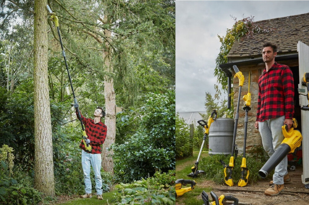 Piła akumulatorowa STANLEY Fatmax SFMCPS620M1 dwa ujęcia na jednym ogród osoba stoi na ziemi tnie gałąź na drzewie widok z boku na drugim osoba wychodzi z szopy piła oparta o szopę cięcie gałęzi zadbany ogród pielęgnacja bezpieczeństwo