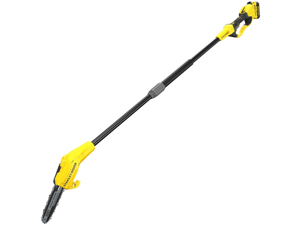 Piła akumulatorowa STANLEY Fatmax SFMCPS620M1 piła na białym tle automatyczny hamulec łańcucha zatrzymuje go w czasie krótszym niż jedna sekunda ogranicza skutki niekontrolowanego ruchu bezpieczeństwo