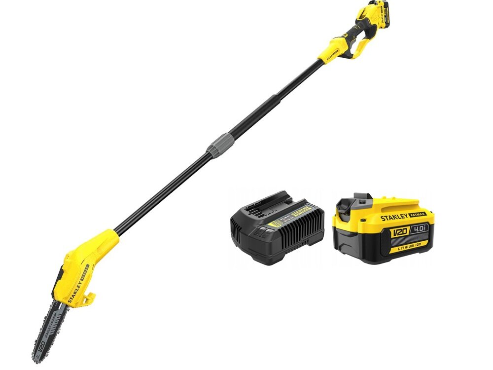 Piła akumulatorowa STANLEY Fatmax SFMCPS620M1 zestaw na białym tle w zestawie akumulator ładowarka zintegrowany wysięgnik hak dokumentacja