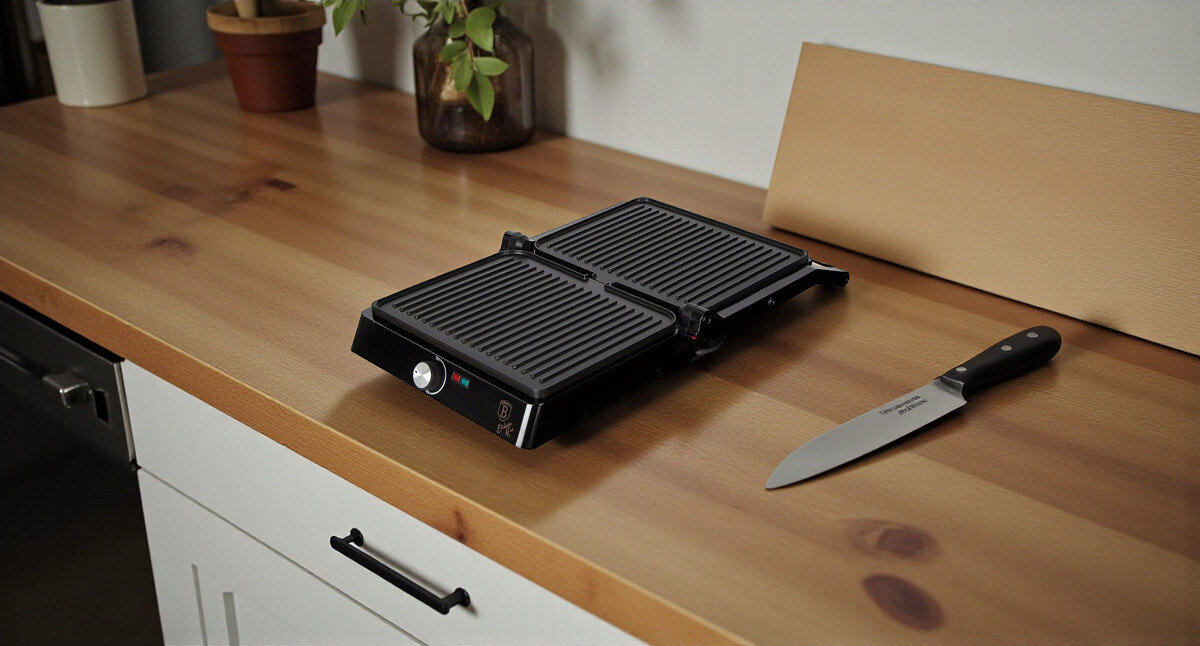 Grill elektryczny BERLINGER HAUS BH-9135, dania, zdrowe, wymiary, płyta, Otwarty grill BERLINGER HAUS BH-9135 z widocznymi ryflowanymi płytami grzewczymi, ustawiony na blacie kuchennym obok noża kuchennego.