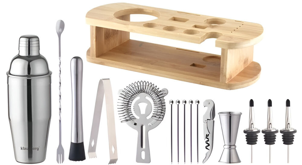 Zestaw barmański KLAUSBERG KB-7582 dwustronna miarka 20/40 ml - jigger 3 x nalewak do likieru 5 x szpilki koktajlowe szczypce do lodu długa łyżka barmańska z widelcem shaker do koktajli 750 ml tłuczek barmański typu muddler sitko do lodu otwieracz do wina stojak bambusowy dokumentacja