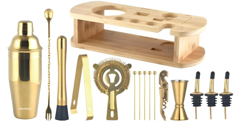 Zestaw barmański KLAUSBERG KB-7583 dwustronna miarka 20/40 ml - jigger 3 x nalewak do likieru 5 x szpilki koktajlowe szczypce do lodu długa łyżka barmańska z widelcem shaker do koktajli 750 ml tłuczek barmański typu muddler sitko do lodu otwieracz do wina stojak bambusowy dokumentacja