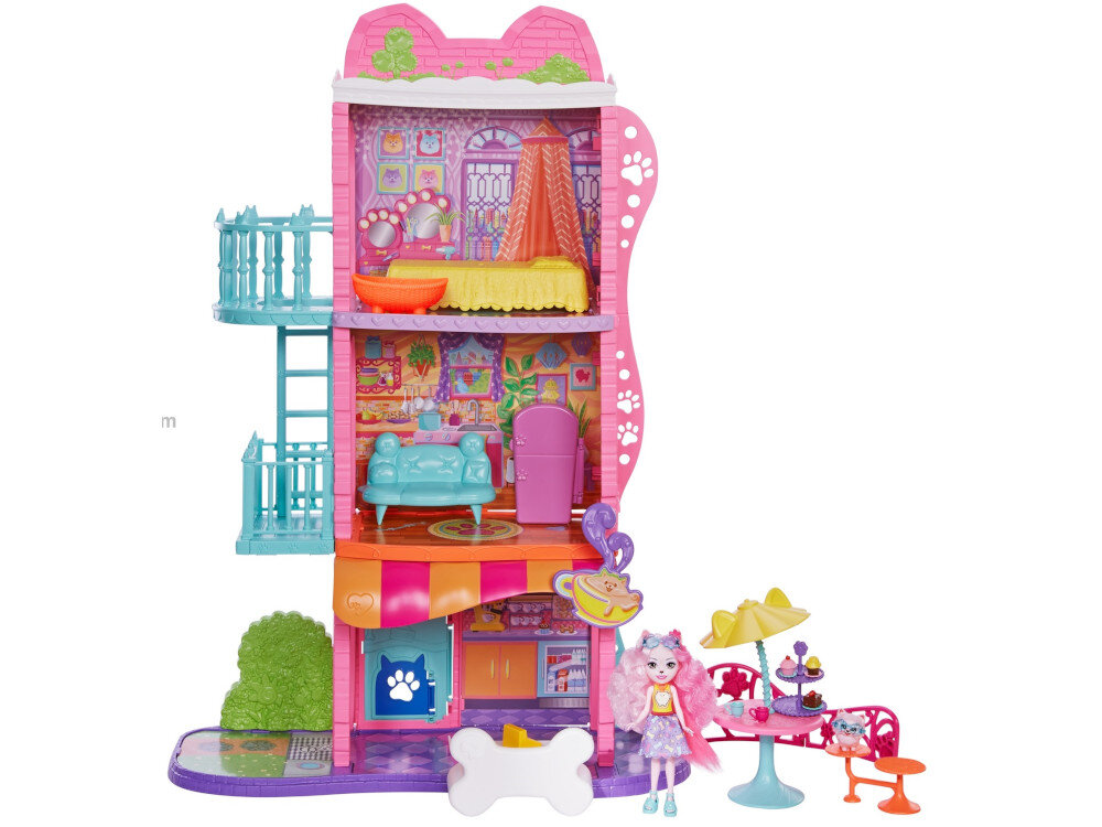 Lalka Enchantimals Miejski domek z kawiarenką HJH65 3 poziomy zabawy schody przeciwpożarowe otwierane drzwi z klapką