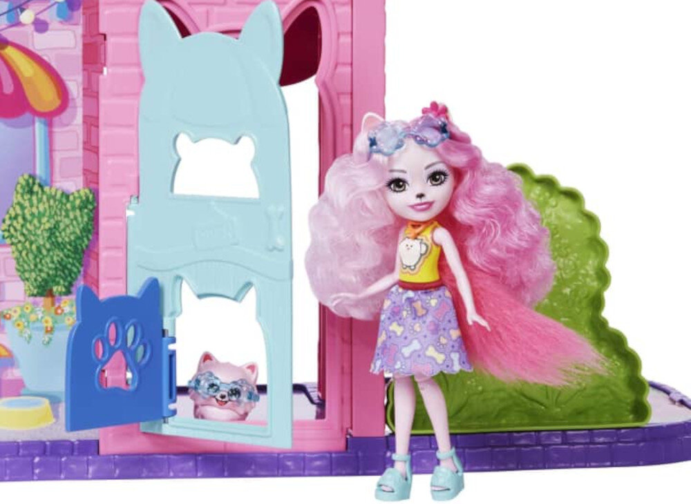 Lalka Enchantimals Miejski domek z kawiarenką HJH65 laka Palmer zdejmowana sukienka okulary piesek Pommy