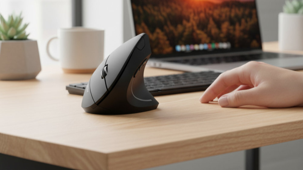 Mysz ACER Vertical ACER Vertical czujnik optyczny z regulacją DPI (800 / 1000 / 1600) - Zbliżenie na czarną mysz komputerową na jasnym stole, z rozmytym tłem przedstawiającym laptop i doniczkę z rośliną