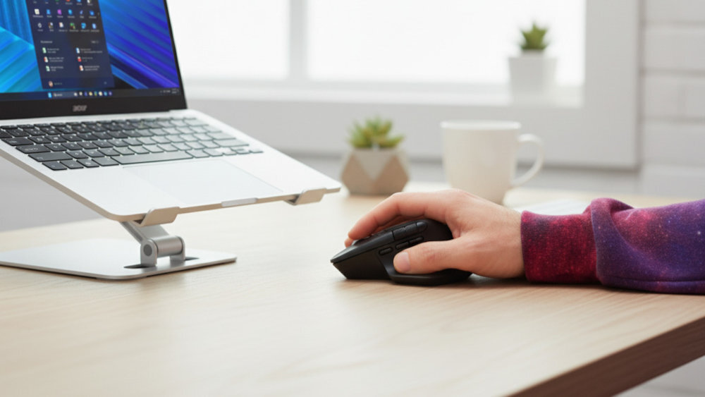 Mysz ACER Vertical Łączność bezprzewodowa 2.4 GHz bez potrzeby używania przewodów akumulator -  trzymająca czarną mysz komputerową na jasnym drewnianym biurku, obok podwyższonego laptopa