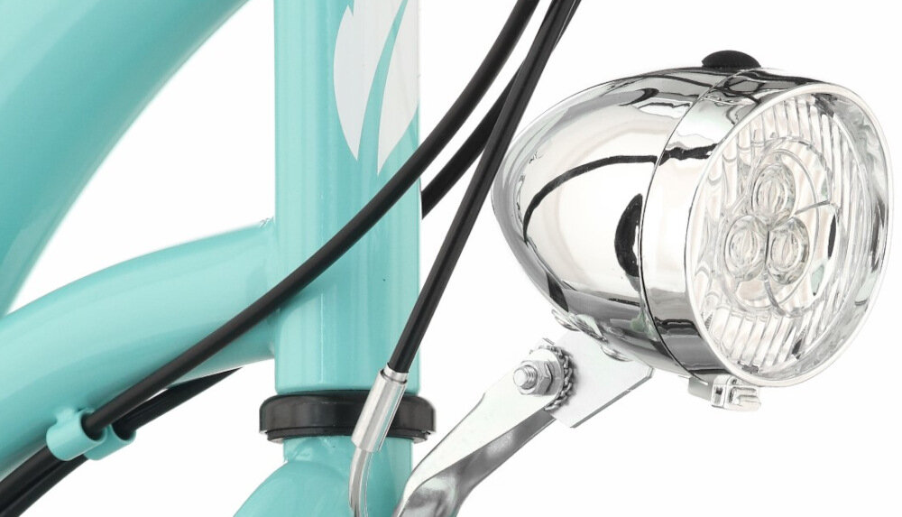 Rower młodzieżowy INDIANA Moena 24 cale dla dziewczynki Lazurowy bateryjne oświetlenie LED dziecko będzie dobrze widoczne retro design przedniej lampy pakiet odblasków zgodnie z przepisami ruchu drogowego rowerzysta jest zobowiązany do posiadania sprawnego i skutecznego oświetlenia baterie dostępne osobno