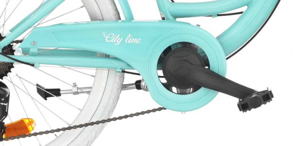 Rower młodzieżowy INDIANA Moena 24 cale dla dziewczynki Lazurowy łańcuch ukryty pod stylową osłoną chroni dziecko przed wkręceniem ubrania osłania łańcuch przed dostaniem się zabrudzeń designerski retro wygląd