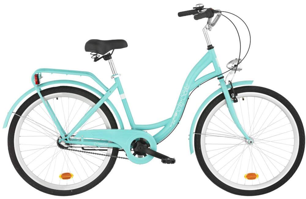 Rower miejski DAWSTAR Citybike S3B 26 cali damski Lazurowy niesamowita kolorystyka troska o szczegóły pełne wyposażenie stopka odblaski dzwonek podzespoły marki SHIMANO lazurowy kolor