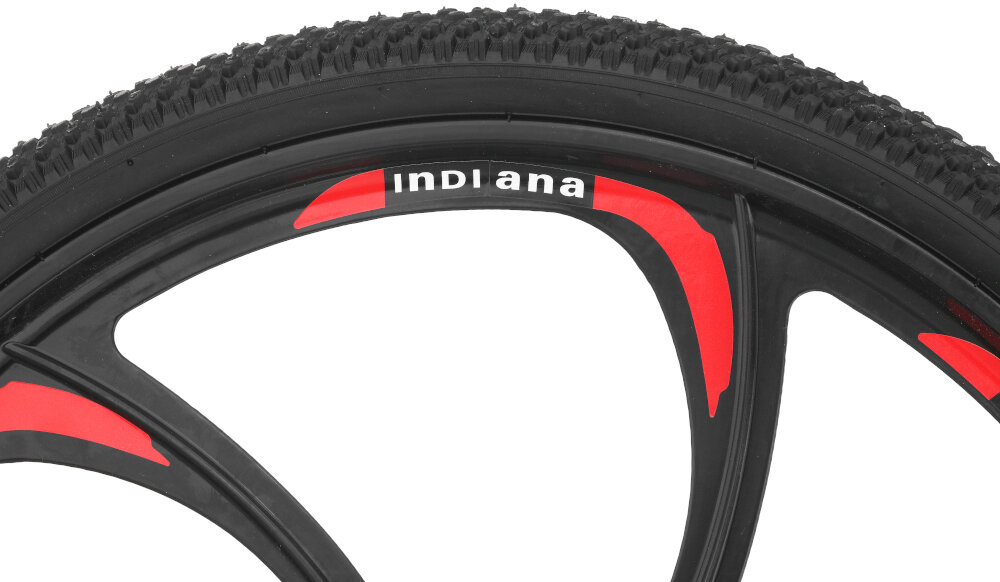 Rower górski MTB INDIANA X-Rock 4.6 M17 26 cali męski Czarno-czerwony koła duże 26-calowe łatwiej pokonać przeszkody większy kontakt koła z podłożem szerokie opony z głębokim bieżnikiem regularne sprawdzanie ciśnienia powietrza wartość na bocznej części opony