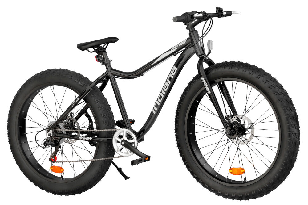 Rower górski MTB INDIANA Fat Bike M18 26 cali męski Czarny dla mężczyzn styl praktyczne rozwiązania liczne elementy poprawiające wygodę korzystania aktywność w terenie ciekawy kształt klasyczna czarna kolorystyka wygoda bezpieczeństwo