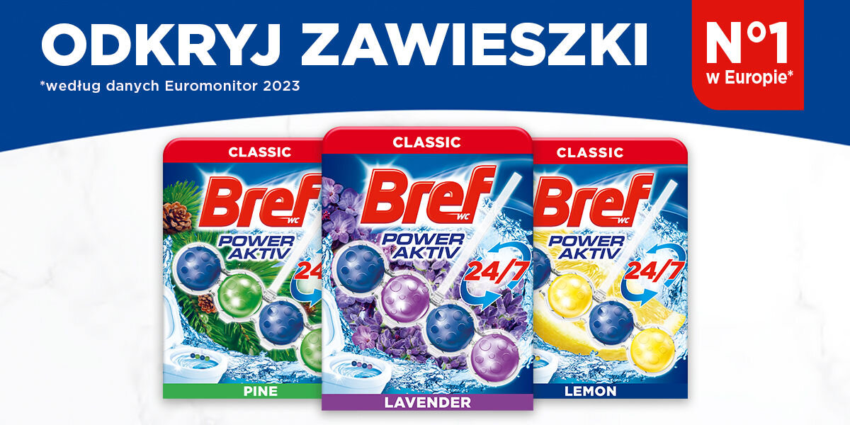 Kostka do WC BREF Power Aktiv Lawenda Grafika promująca zawieszki Bref Power Aktiv Classic. Trzy opakowania ustawione w rzędzie: zielone (Pine), fioletowe z lawendą (Lavender) i niebiesko-żółte z cytryną (Lemon). W prawym górnym rogu hasło: N°1 w Europie. W górnej części widoczny napis: ODKRYJ ZAWIESZKI