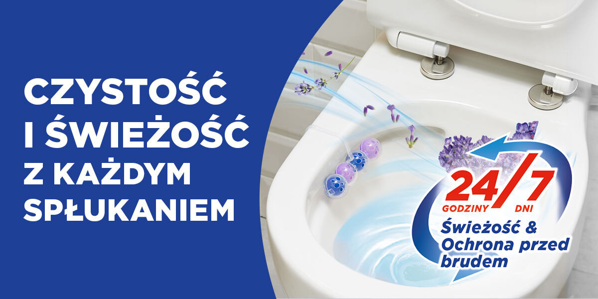 Kostka do WC BREF Power Aktiv Lawenda Zbliżenie na wnętrze białej muszli toaletowej z zawieszoną zawieszką Bref Power Aktiv w kolorach fioletowym i niebieskim. Woda wiruje, a dookoła unosi się lawenda. Po lewej napis: CZYSTOŚĆ I ŚWIEŻOŚĆ Z KAŻDYM SPŁUKANIEM oraz symbol 24/7 z hasłem: Świeżość & Ochrona przed brudem.