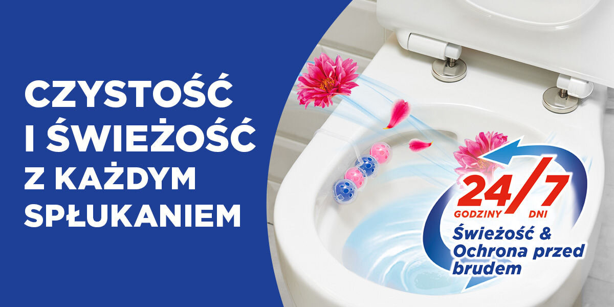 Kostka do WC BREF Power Aktiv Świeże kwiaty Zdjęcie prezentujące działanie zawieszki Bref Power Aktiv Flower w muszli toaletowej. Woda z zawieszki wiruje w toalecie, symbolizując CZYSTOŚĆ I ŚWIEŻOŚĆ Z KAŻDYM SPŁUKANIEM oraz oferując 24/7 Świeżość & Ochrona przed brudem
