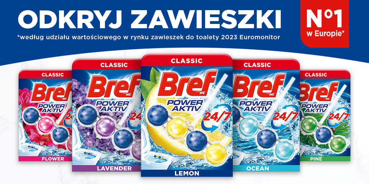 Kostka do WC BREF Power Aktiv Cytryna Grafika promocyjna. Pięć opakowań zawieszek Bref Power Aktiv Classic ustawionych w rzędzie: różowe (Flower), fioletowe (Lavender), żółto-niebieskie z cytryną (Lemon), niebiesko-turkusowe (Ocean) i zielone (Pine). W prawym górnym rogu hasło: N°1 w Europie. W górnej części widoczny napis: ODKRYJ ZAWIESZKI