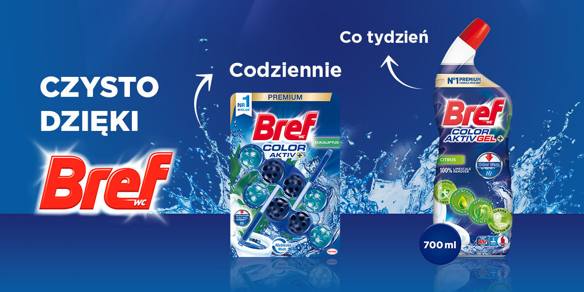 Kostka do WC BREF Color Aktiv Eukaliptus Porównanie dwóch produktów Bref WC. Zawieszka Bref Color Aktiv+ Eukaliptus (Premium) do użytku codziennego/cotygodniowego oraz żel Bref Color Aktiv Gel Citrus do głębokiego czyszczenia. Napis: CZYSTO DZIĘKI BREF WC.