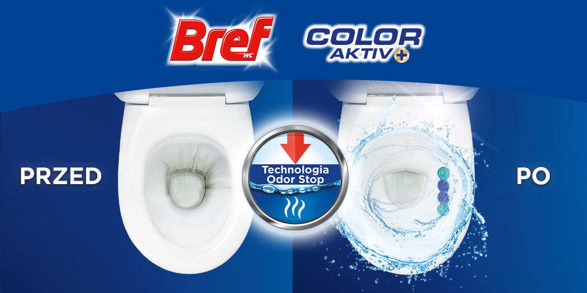 Kostka do WC BREF Color Aktiv Morski Wizualne porównanie efektu użycia zawieszki Bref Color Aktiv+. Po lewej: PRZED. Widok muszli toaletowej z widocznymi zabrudzeniami. Po prawej: PO. Czysta muszla toaletowa ze spływającą wodą, w której widoczna jest zawieszka. W centrum ikona technologii Odor Stop.