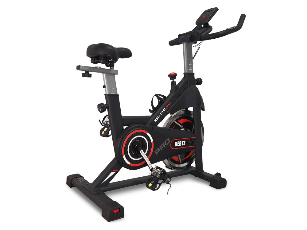 Rower spinningowy HERTZ FITNESS XR-110 Pro solidna maszyna czarny kolor z czerwonymi akcentami do domowego treningu duża rozpiętość obciążenia niewielkie rozmiary do ćwiczeń w domowym zaciszu konstrukcja lekka bardzo wytrzymała