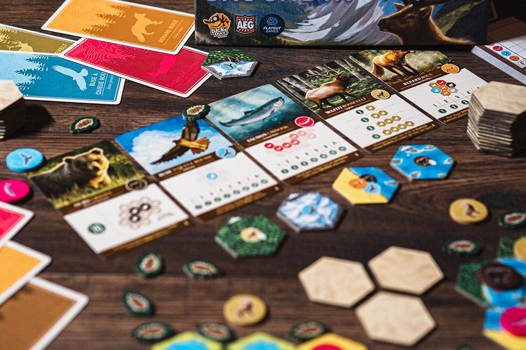 Gra planszowa LUCKY DUCK GAMES Kaskadia ekosystem rozgrywka solo rodzinna zabawa zwierzęta ameryka krajobrazy