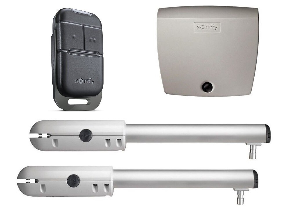 Napęd do bram skrzydłowych SOMFY SGS 201 zestaw centralka sterująca dwa siłowniki pilot 2-kanałowy Keypop uchwyt mocujący do standardowego słupka akcesoria potrzebne do montażu dokumentacja