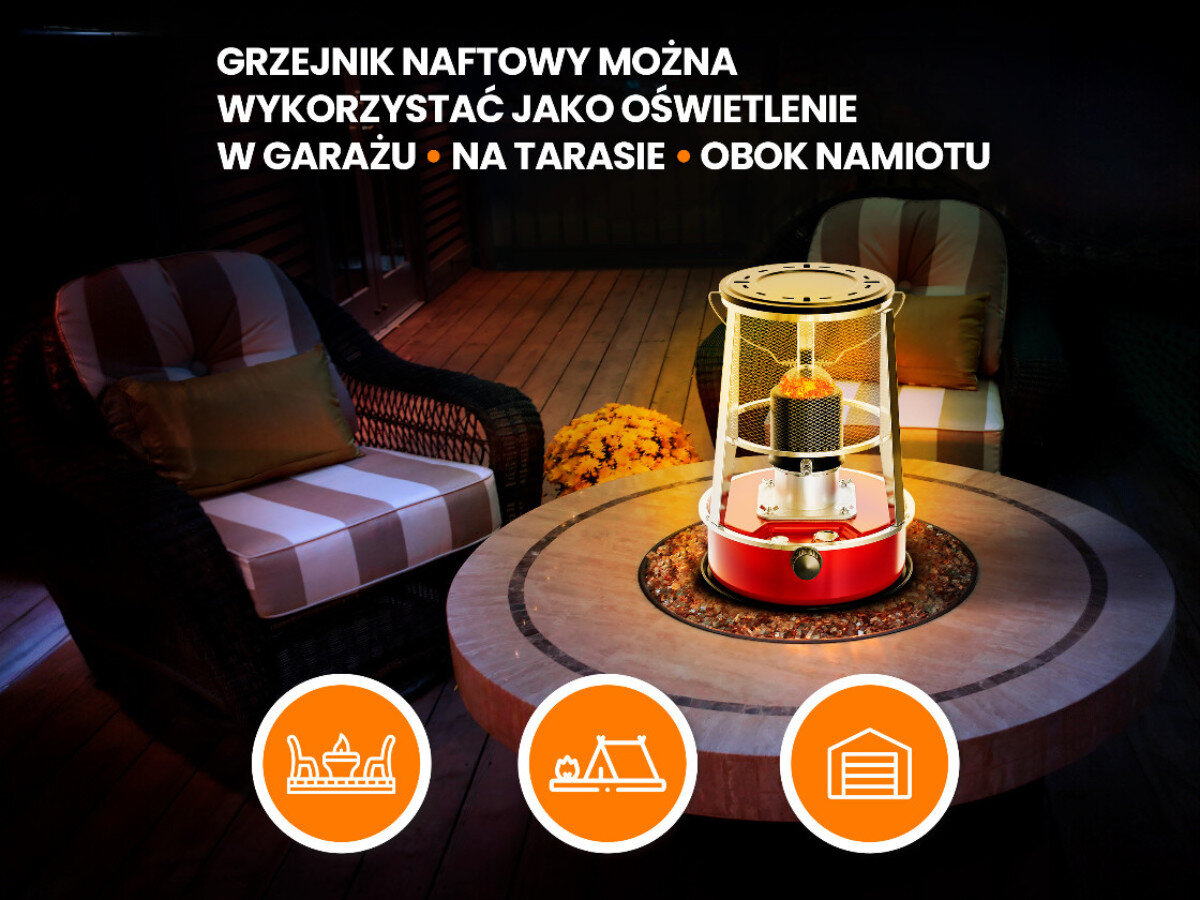 Na obrazie znajduje się grzejnik naftowy umieszczony na okrągłym stole, otoczony dwoma fotelami. Tekst na górze obrazu brzmi: \'GRZEJNIK NAFTOWY MOŻNA WYKORZYSTAĆ JAKO OŚWIETLENIE W GARAŻU • NA TARASIE • OBOK NAMIOTU\'.
