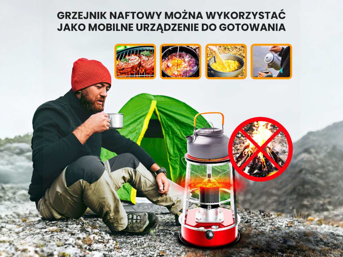 Mężczyzna siedzi na ziemi z kubkiem w ręku, obok niego znajduje się zielony namiot i grzejnik naftowy z czajnikiem na górze. Na obrazie widnieje tekst: \'GRZEJNIK NAFTOWY MOŻNA WYKORZYSTAĆ JAKO MOBILNE URZĄDZENIE DO GOTOWANIA\'.