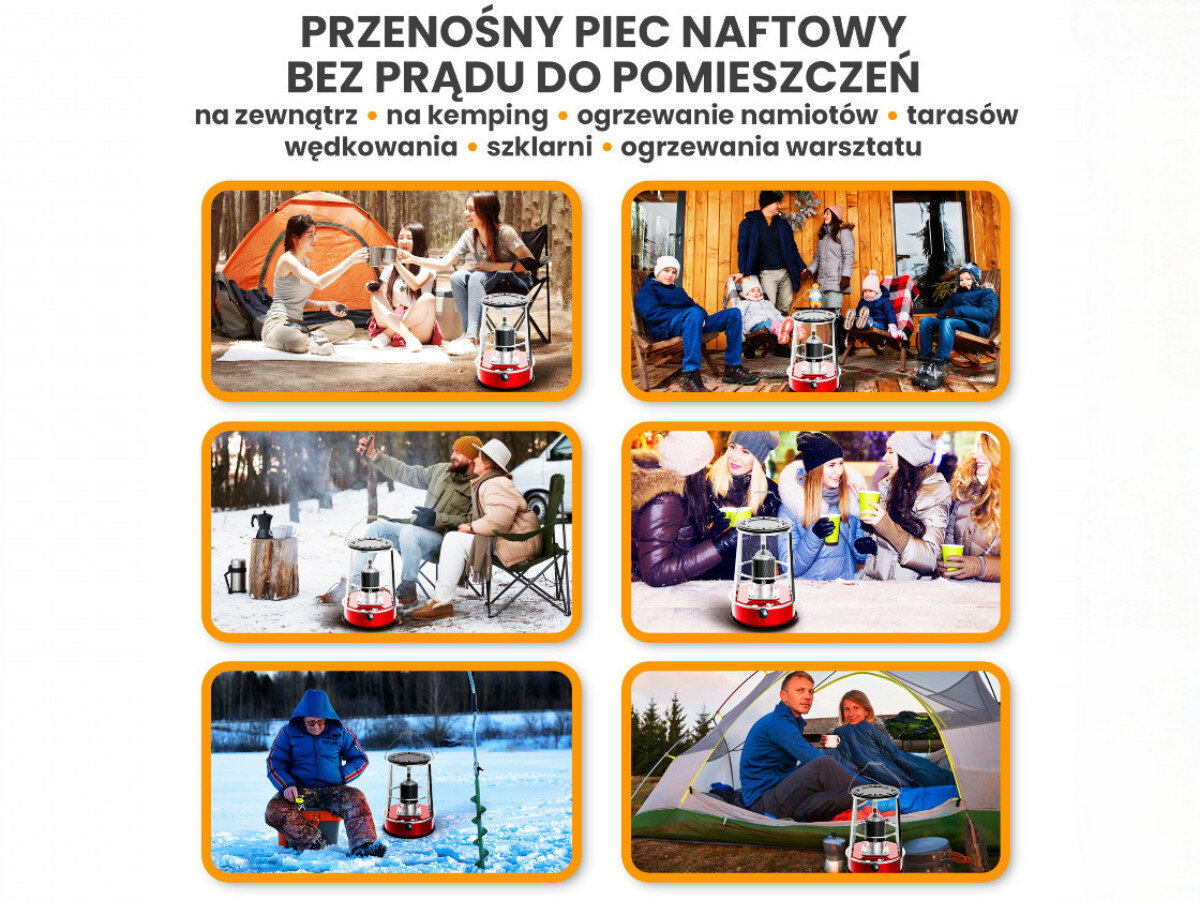 Obraz przedstawia sześć zdjęć z przenośnym piecem naftowym używanym w różnych sytuacjach na zewnątrz, takich jak kemping czy wędkowanie. Na górze widnieje tekst: \'PRZENOŚNY PIEC NAFTOWY BEZ PRĄDU DO POMIESZCZEŃ na zewnątrz • na kemping • ogrzewanie namiotów • tarasów • wędkowania • szklarni • ogrzewania warsztatu\'.