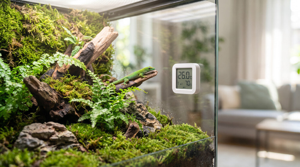 Szklane terrarium z roślinami i drewnem, wewnątrz którego znajduje się czujnik temperatury i wilgotności z wyświetlaczem pokazującym 26.0°C i 70%.