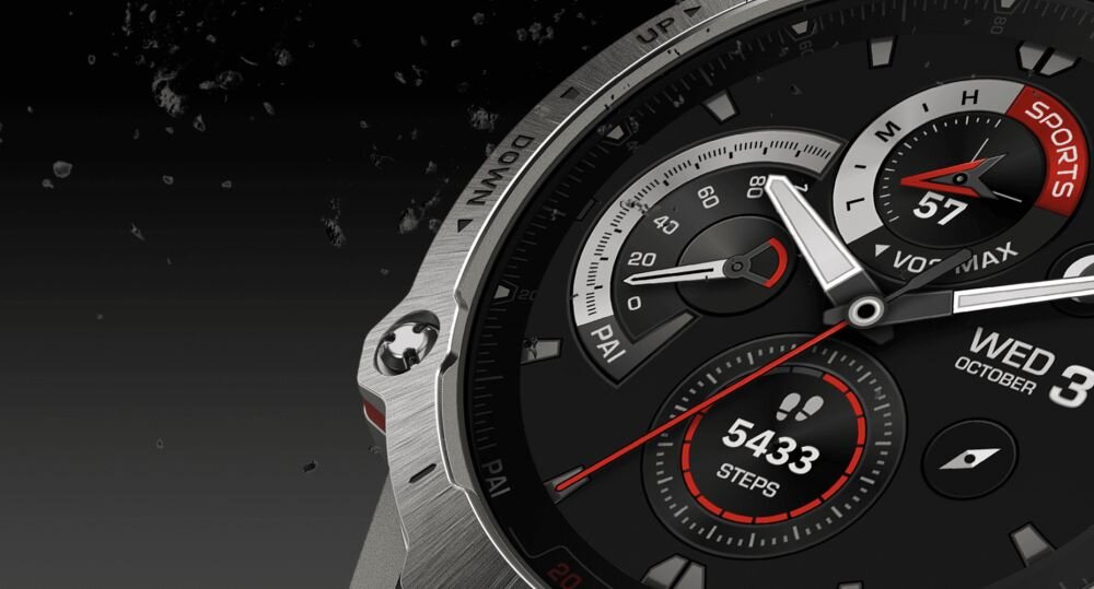 Smartwatch AMAZFIT Falcon ekran bateria czujniki zdrowie sport pasek ładowanie pojemność rozdzielczość łączność sterowanie krew puls rozmowy smartfon aplikacja