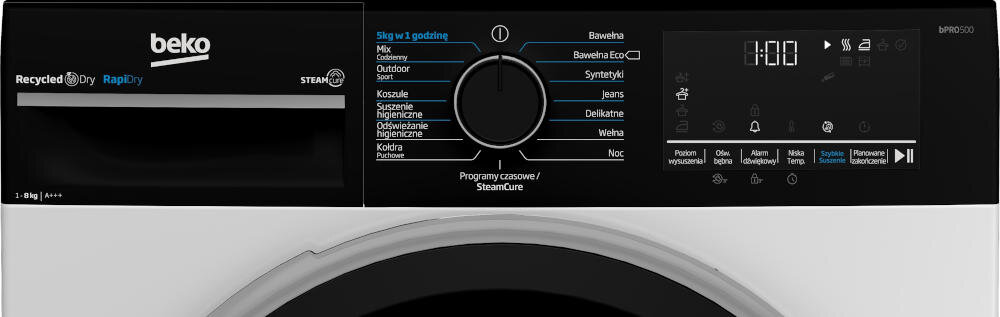 BEKO B5T68247WBPB wyświetlacz suszarka kontrola zarządzanie funkcje programy