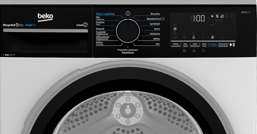 BEKO B5T68247WBPB suszarka funkcje suszenie oświetlenie bęben wskaźnik woda filtr sygnał dźwiękowy zabrudzenie czyszczenie blokada rodzicielska