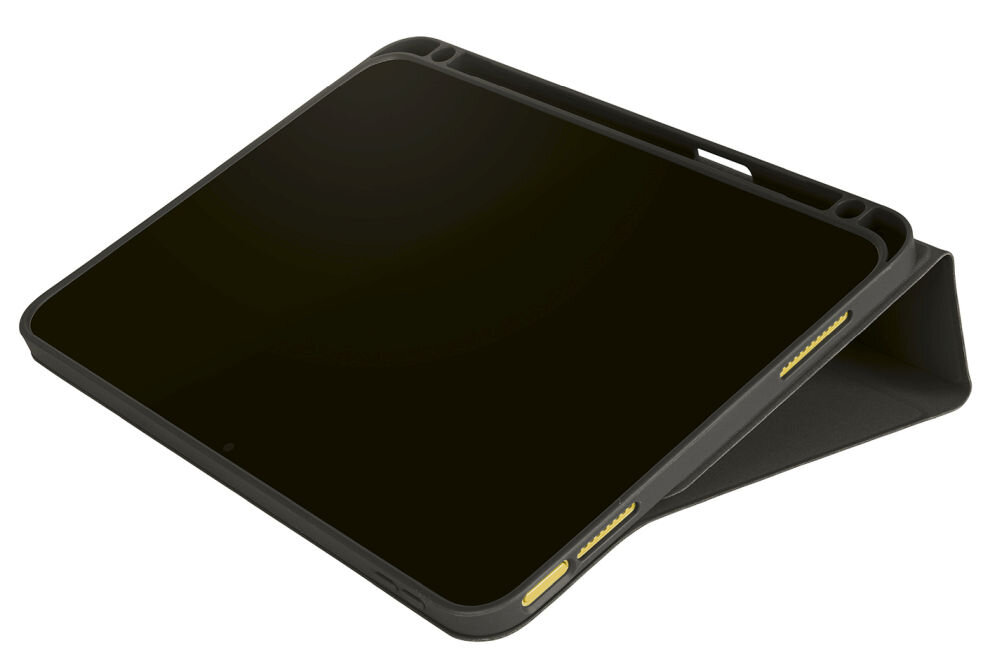 Czarne etui na tablet z funkcją podstawki, posiada wycięcia na przyciski i porty oraz żółte akcenty na krawędziach.