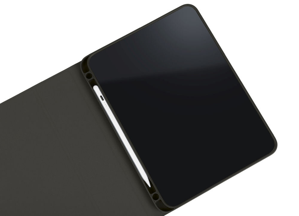 Czarne etui na tablet z widocznym miejscem na urządzenie, które jest częściowo wsunięte. Etui ma gładką powierzchnię i zaokrąglone rogi.