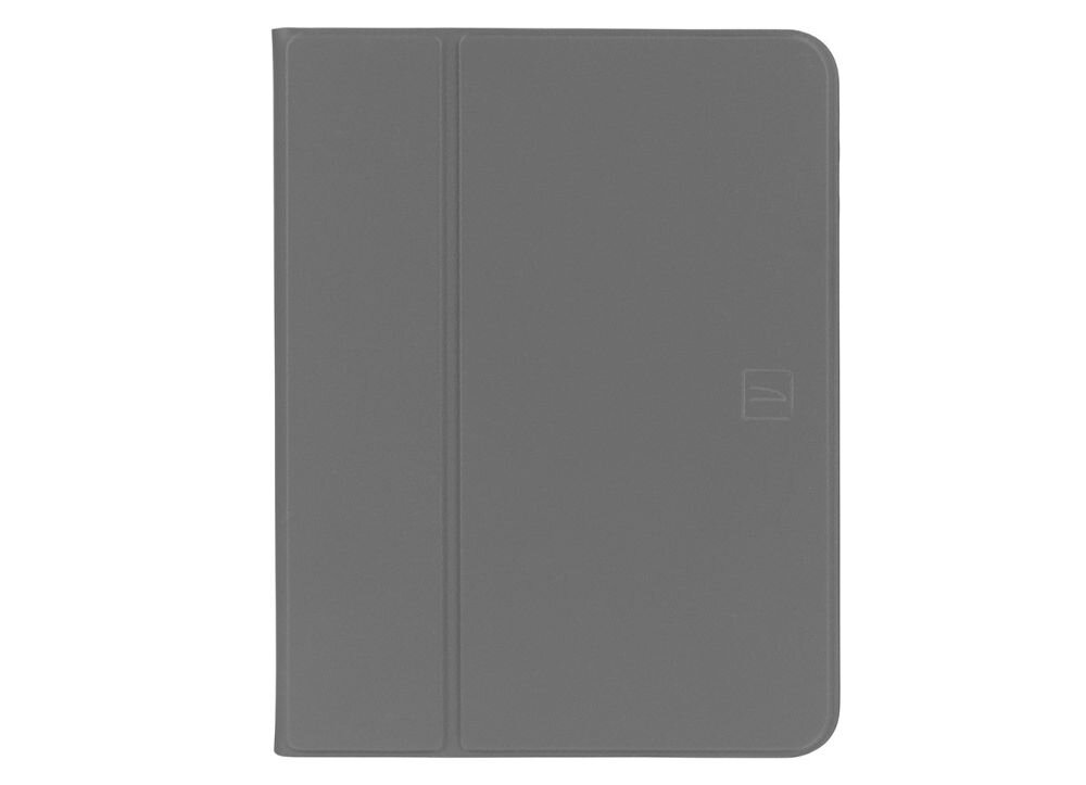 Szare etui na tablet z widocznym logo producenta w formie prostego symbolu. Etui ma prostokątny kształt z zaokrąglonymi rogami i widocznym zagięciem na okładce.