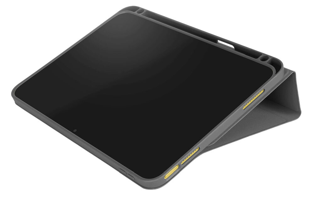 Szare etui na tablet z funkcją podstawki, widoczne w pozycji stojącej. Etui ma wycięcia na przyciski i porty oraz żółte akcenty na krawędziach.