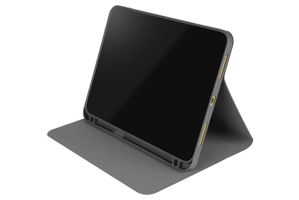 Szare etui na tablet ustawione w pozycji stojącej, z widocznymi otworami na przyciski i porty. Powierzchnia etui jest gładka, a jego wnętrze ma ciemniejszy odcień szarości.