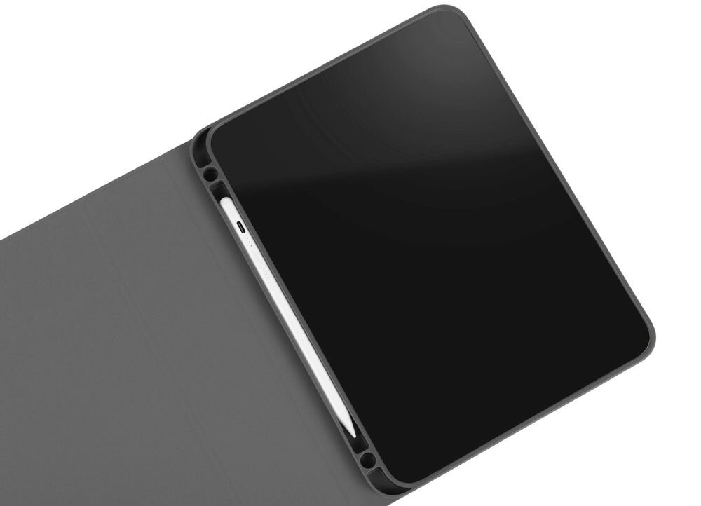 Szare etui na tablet z widocznym miejscem na rysik, otwarte, ukazujące czarny ekran urządzenia.